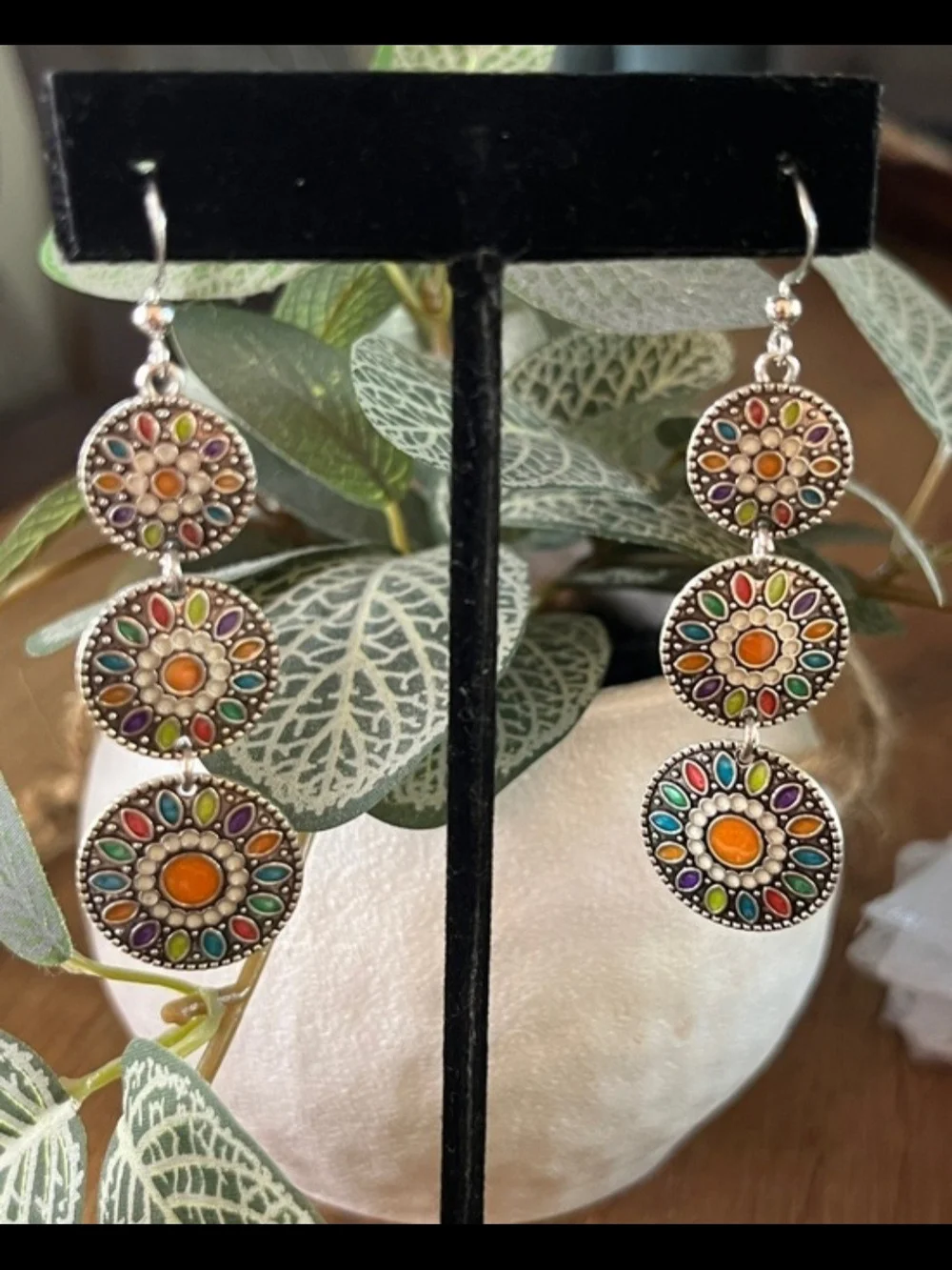Colorful Multi-Disc Dangle Earrings - Vibrant Multicolor Enamel
